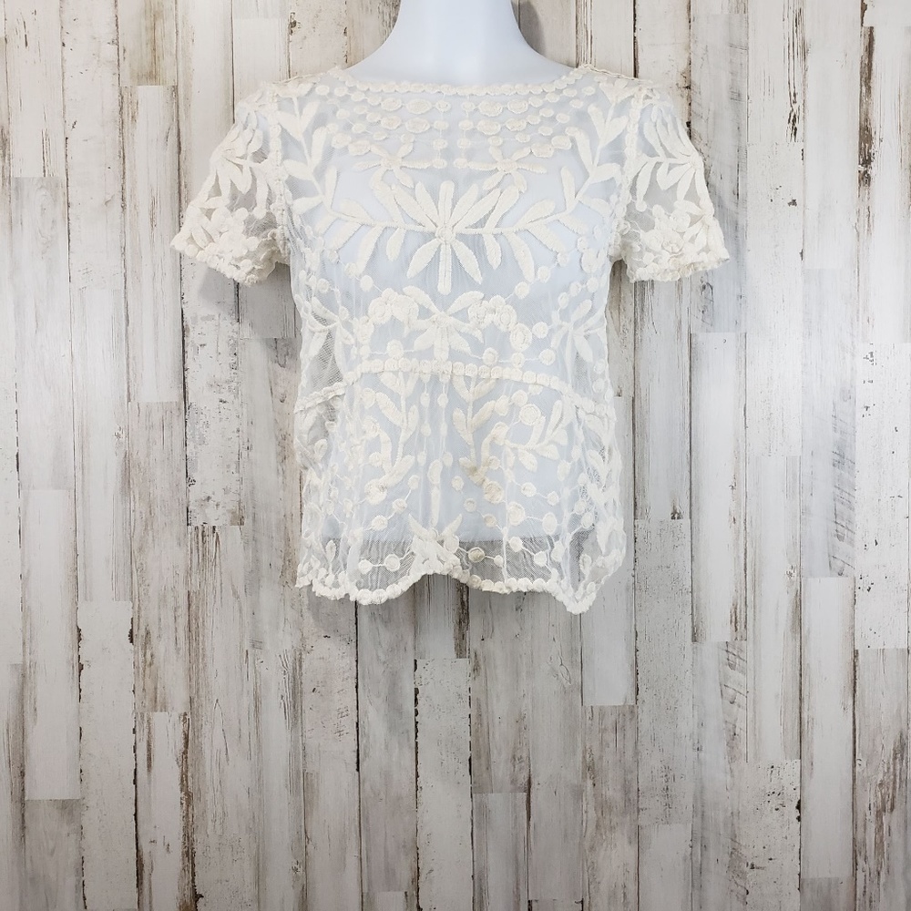 ZARA Collection Womens Top Ivory Sheer Mesh Floral - Picture 4 of 7